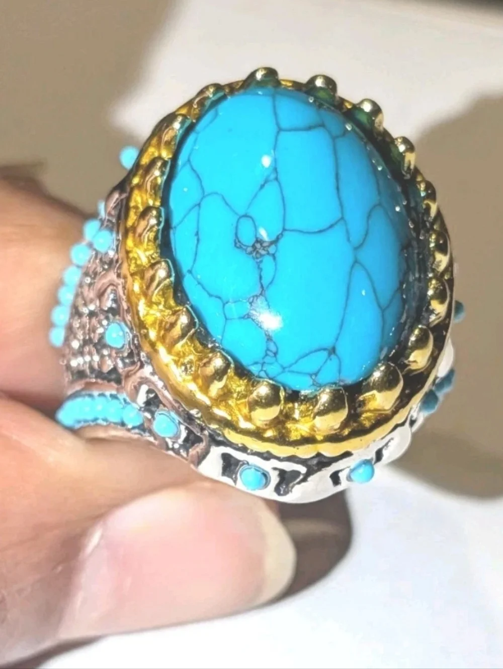 Retro Punk Style Ring Simulated Turquoise Two Tone Polished Statement Band Ring